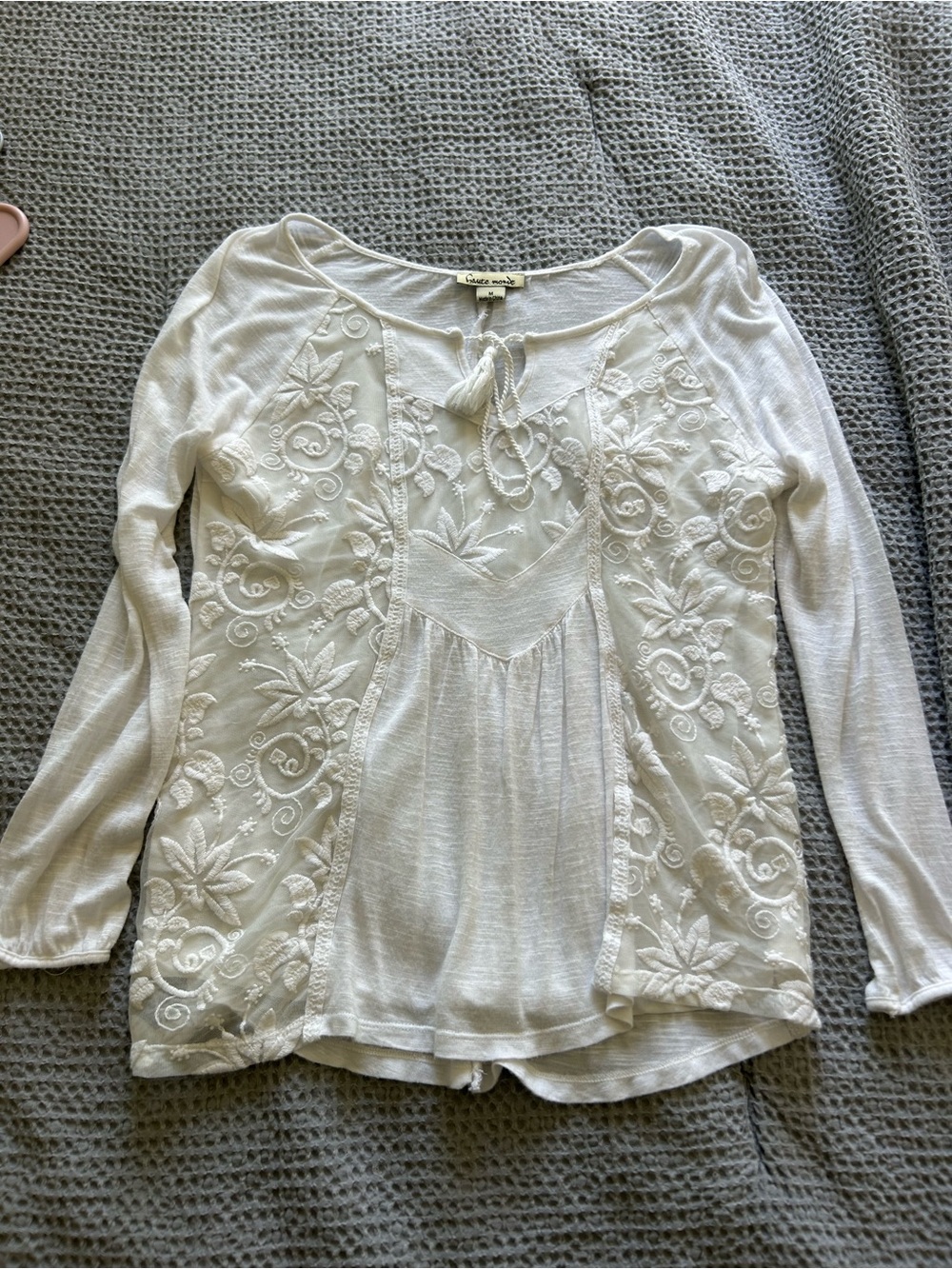 Haute Monde Cream Embroidered Long Sleeve Peasant Top